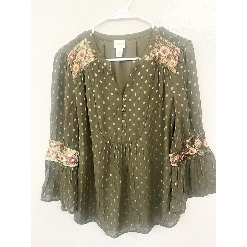 CHICO'S Floral Embroidered Boxy Gold Dot Peasant Top Gold Floral OLIVE Size 0 S
